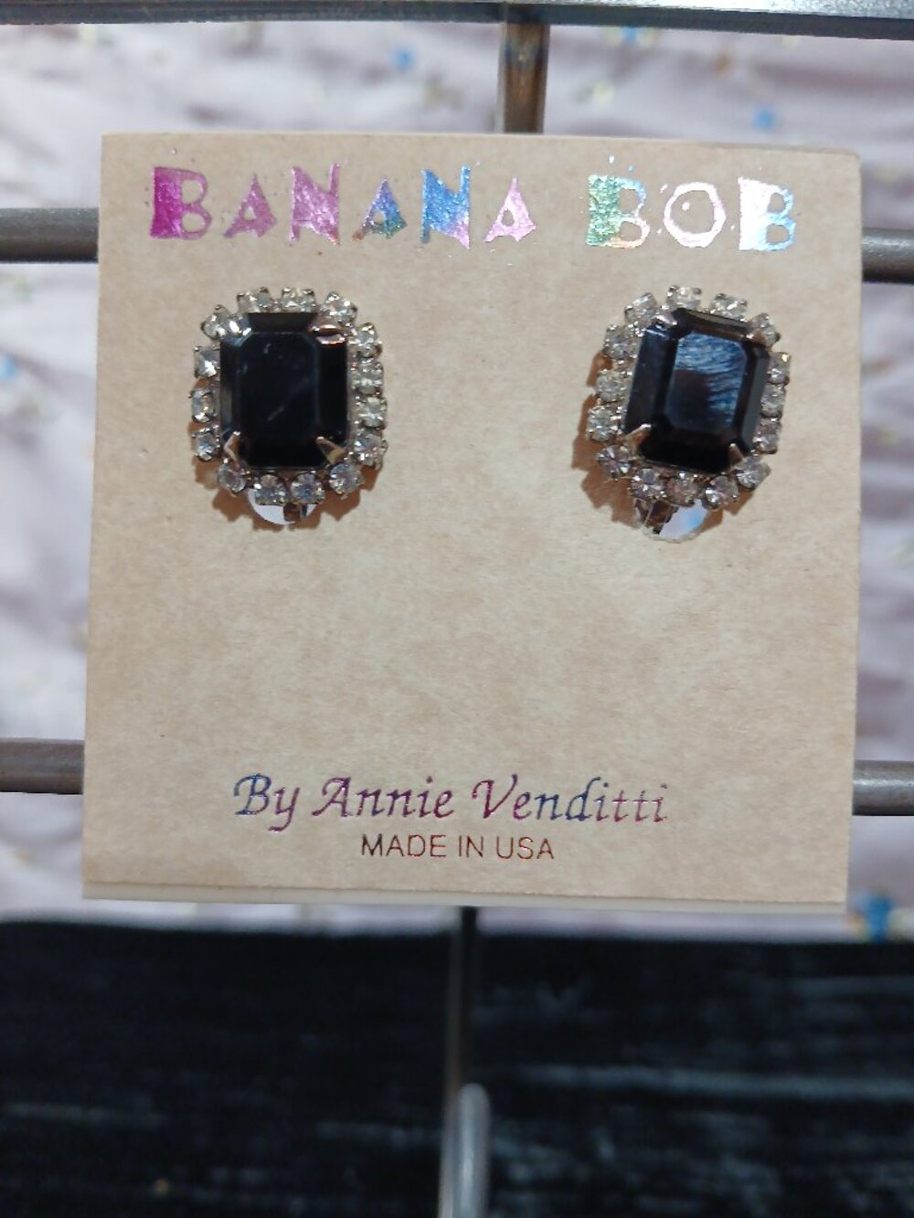 Banana Bob by Annie Venditti black stone with crystal border clip earrings